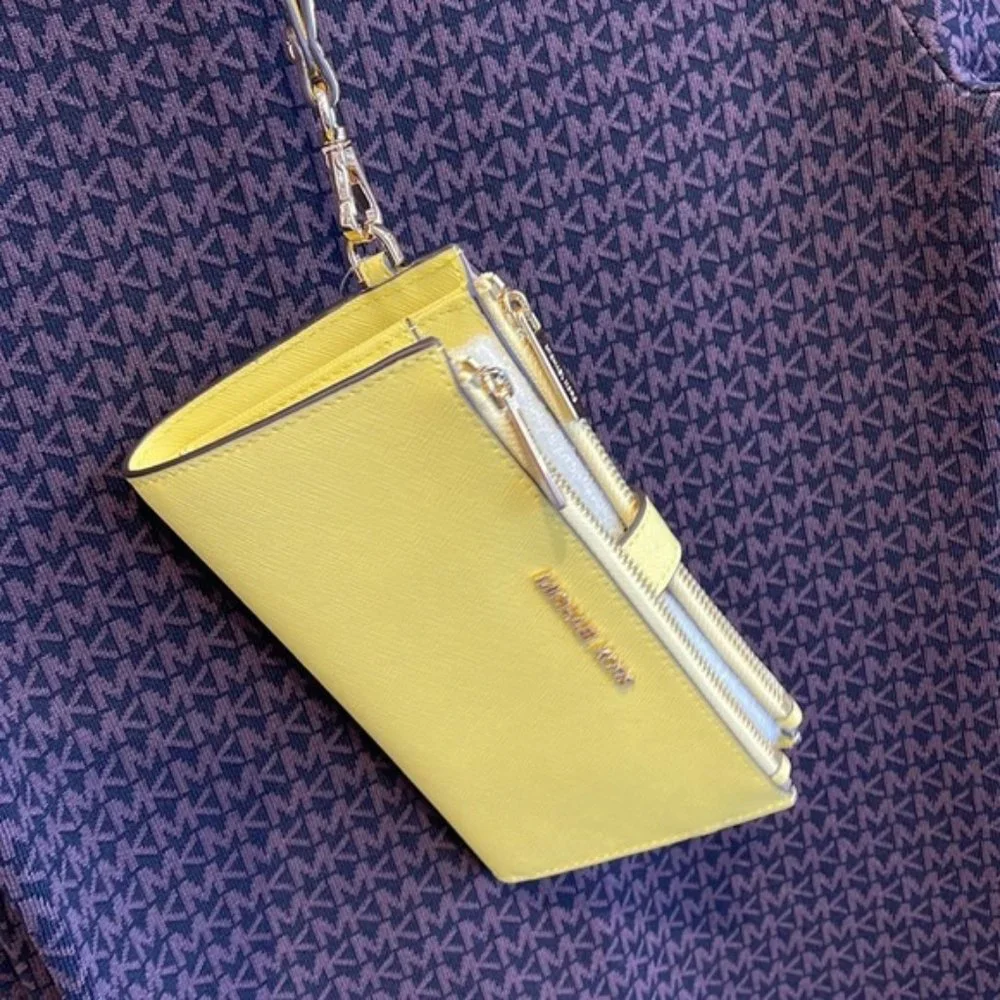 Michael Kors Jet Set Travel Large Double Zip Leather Wristlet Sunshine Yellow